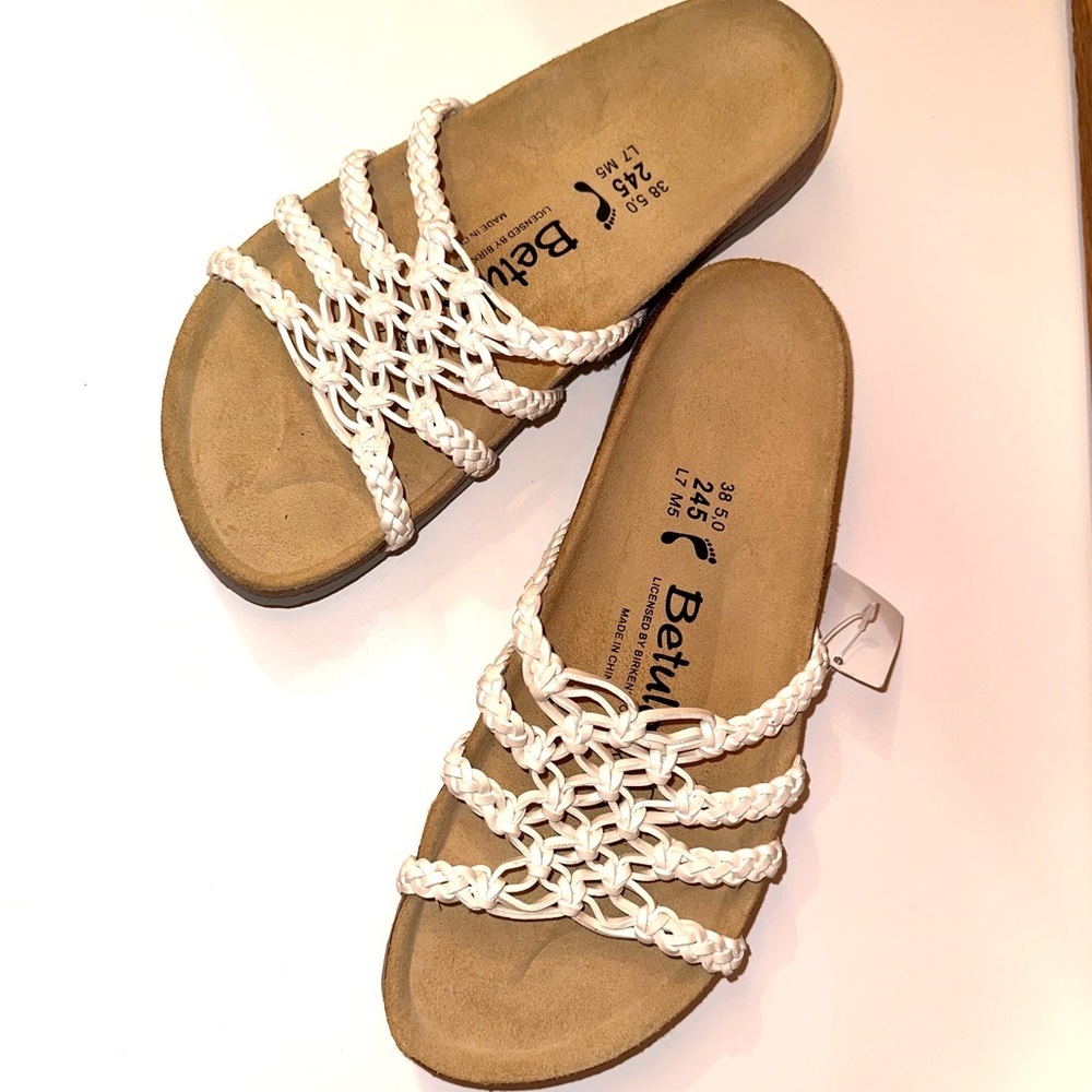 Birkenstock White Braided Strap Slide Sandals